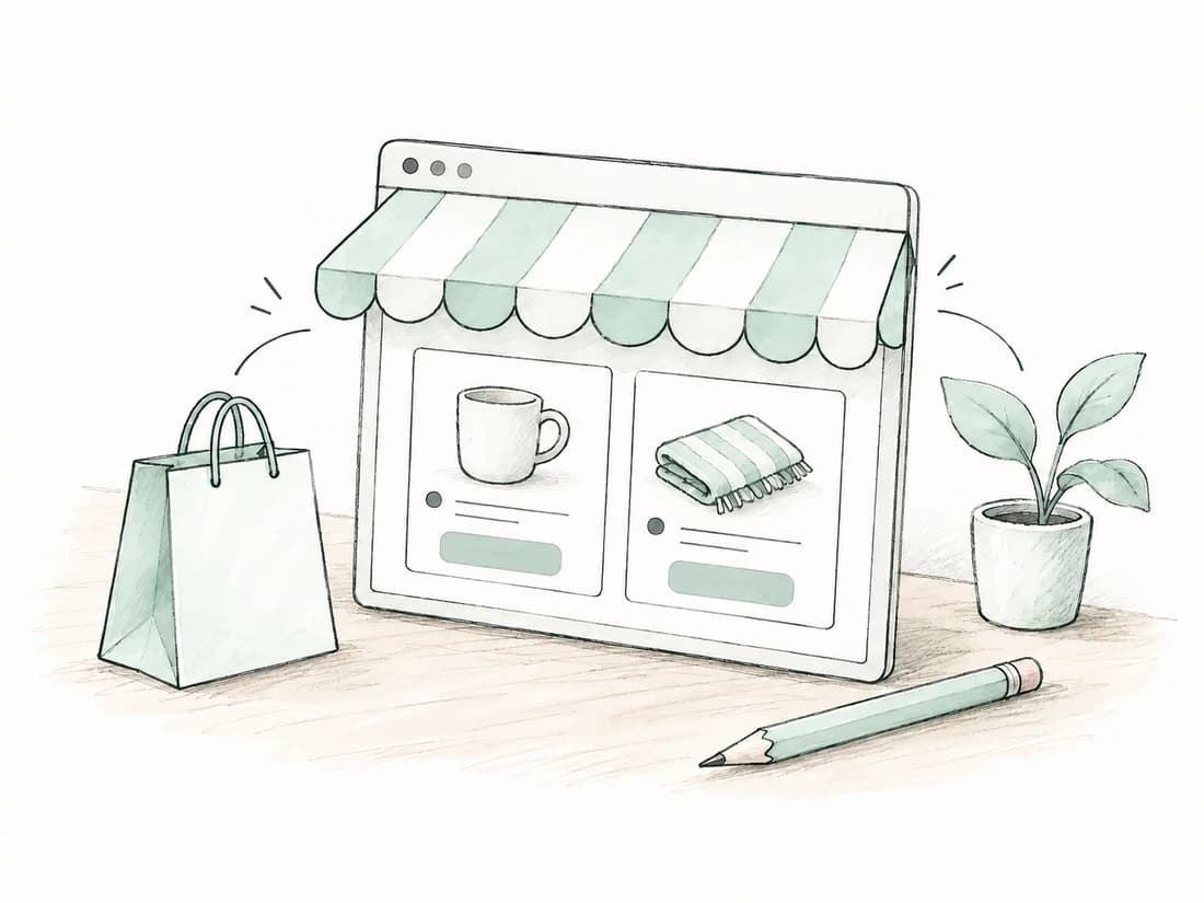 Hand-drawn online storefront with a pale mint awning, shopping bag, plant, and pencil.